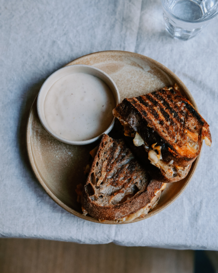 Grilled cheese sandwich, mature cheese, herb kimchi with quince, parsley mayonnaise with garlic